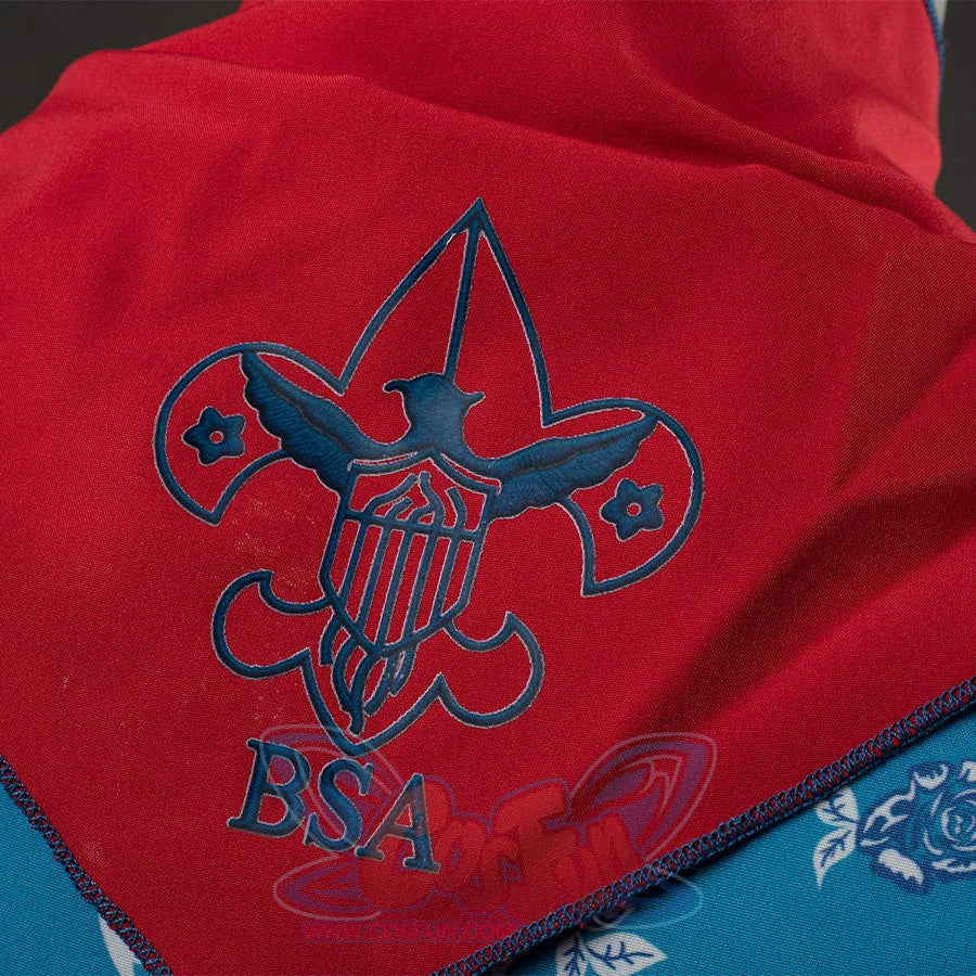 Wheeler cosplay costume red bow close-up detail with blue BSA emblem embroidery
