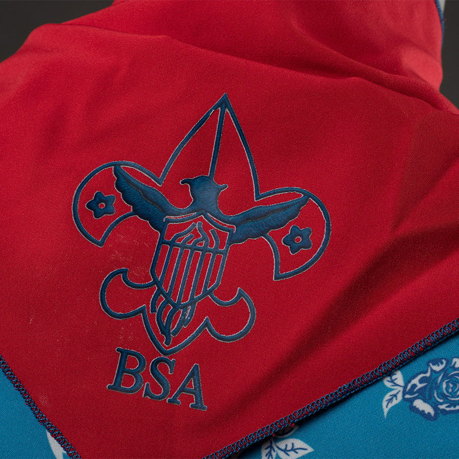 Wheeler cosplay costume red bow close-up detail with blue BSA emblem embroidery