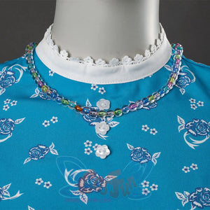 Wheeler cosplay costume neckline with white lace collar, colorful beaded necklace, blue floral bodice