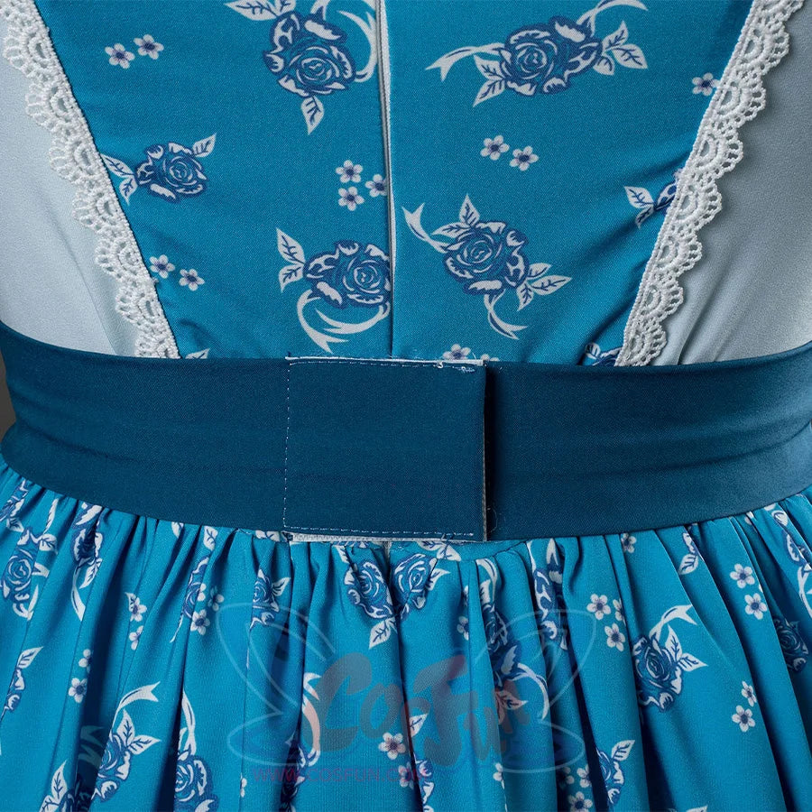 Wheeler cosplay dress back waist with navy bow, blue floral bodice, white lace trim, gathered skirt
