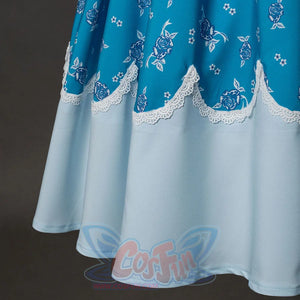 Wheeler cosplay costume skirt detail showing blue floral fabric with white scalloped lace trim