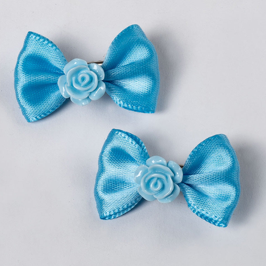 Wheeler cosplay costume accessory two blue fabric hair bows with light blue rose flower centers