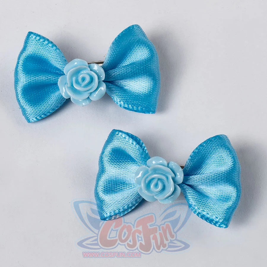Wheeler cosplay costume accessory two blue fabric hair bows with light blue rose flower centers