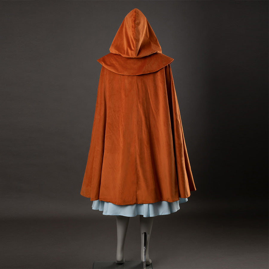Holly cosplay yellow-brown hooded cloak back view showing flowing cape and light blue dress hem