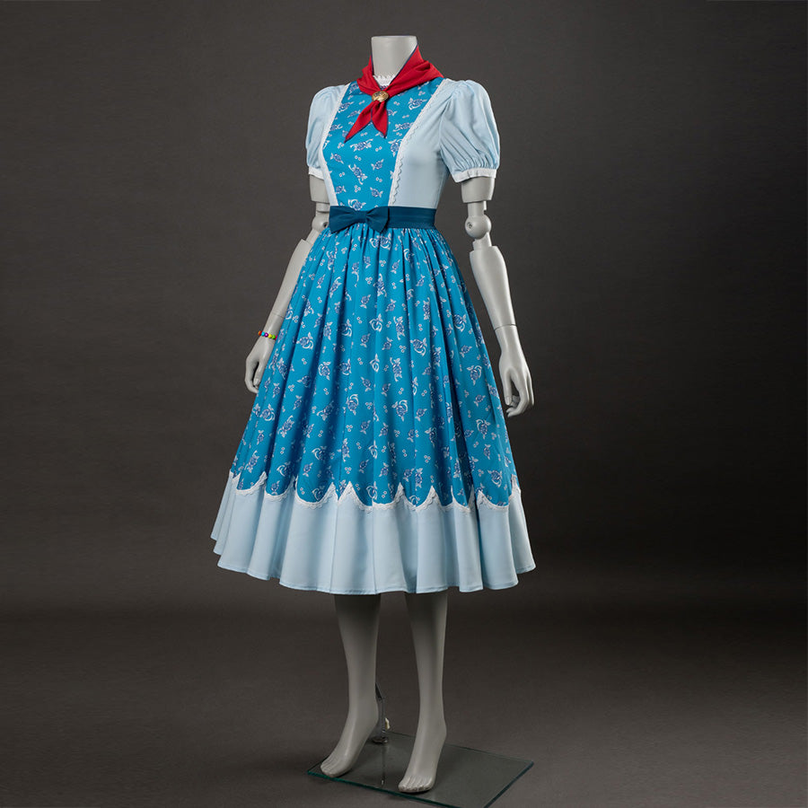 Holly cosplay dress side angle, blue floral bodice with white sleeves, red bow, and light blue hem