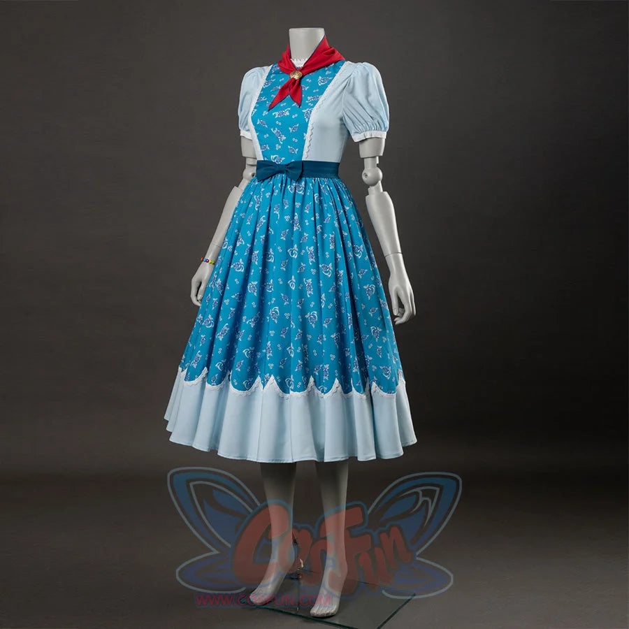 Holly cosplay dress side angle, blue floral bodice with white sleeves, red bow, and light blue hem