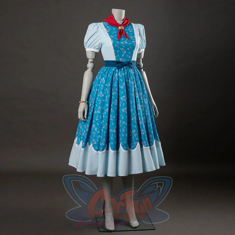 Holly cosplay dress full view, blue floral bodice and skirt with white sleeves, red bow, light hem