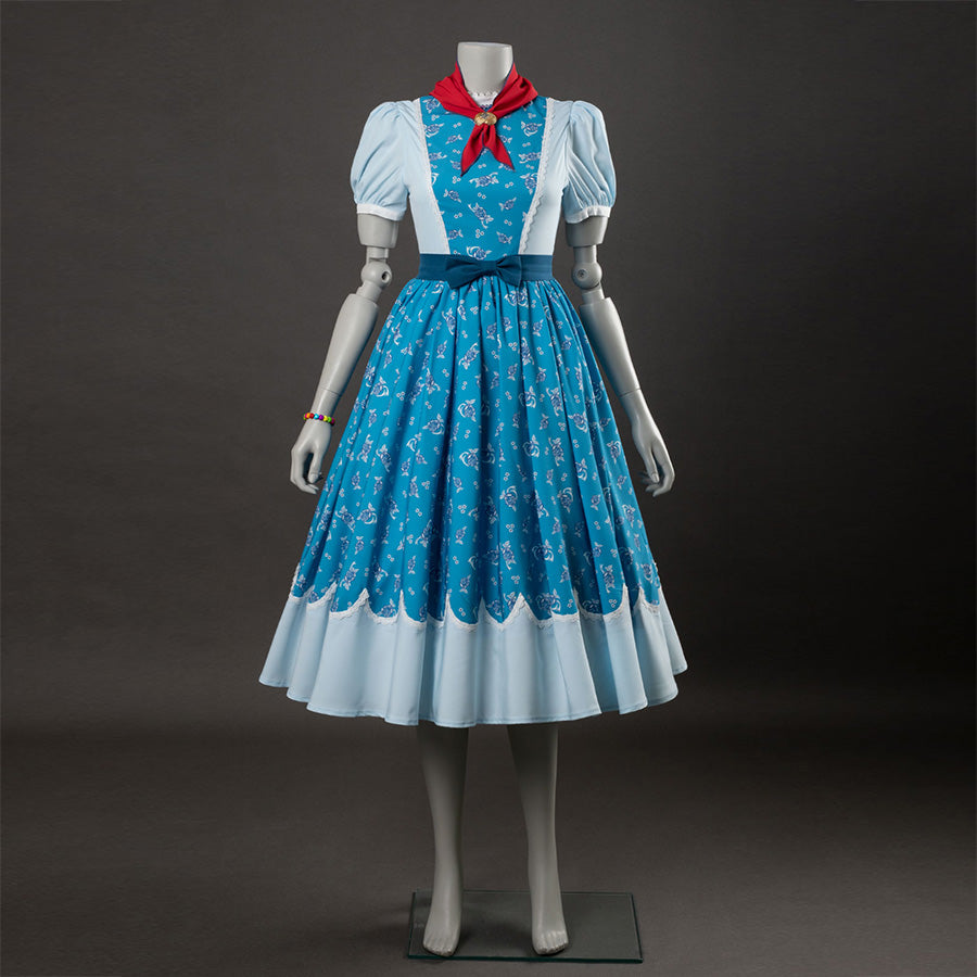 Holly cosplay dress without cloak, blue floral pattern with white sleeves, red bow, light blue hem