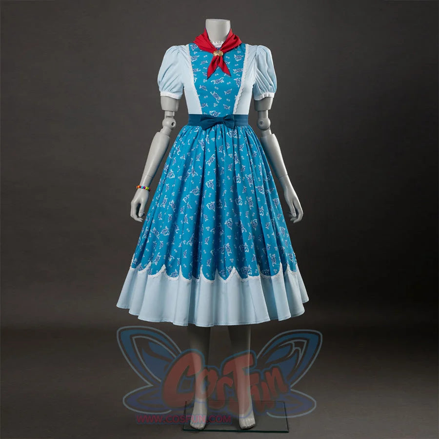 Holly cosplay dress without cloak, blue floral pattern with white sleeves, red bow, light blue hem