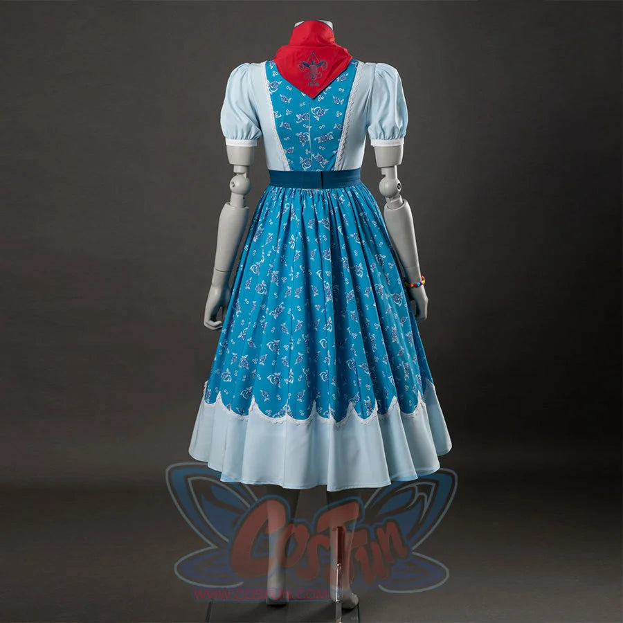 Holly cosplay dress back view, red bow on blue floral bodice, white sleeves, light blue hem