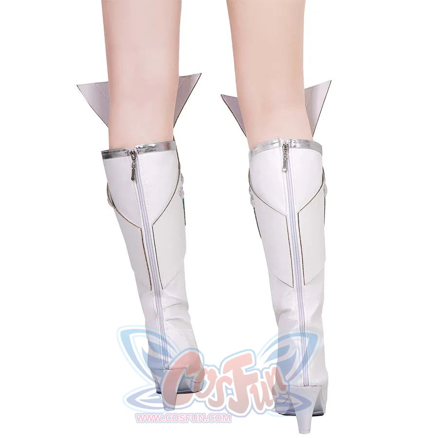 Rear perspective of white high-heeled Emma Frost cosplay boots, showcasing zippers and angular silver accents at the top.