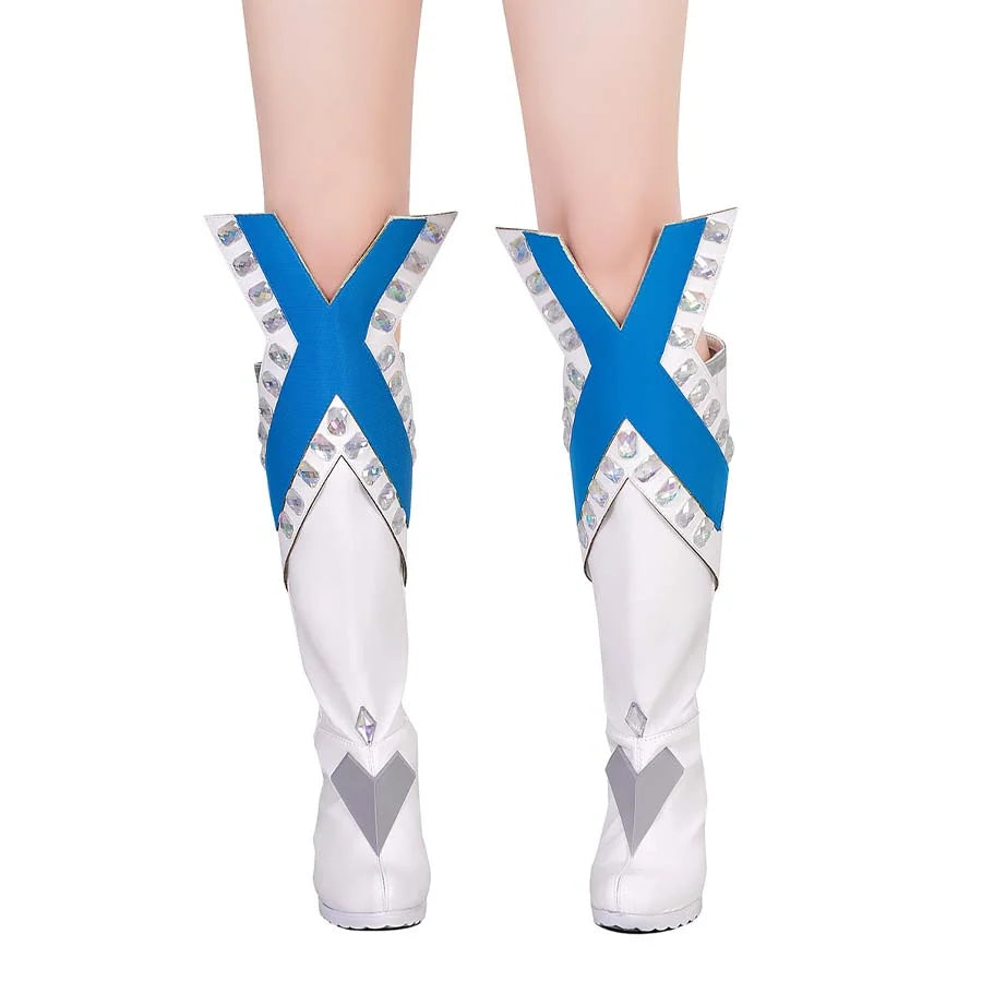 Close-up front display of Emma Frost cosplay boots, highlighting blue “X” straps, crystal accents, and silver geometric details on white high heels.