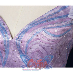 Witch Cosplay Costume, detail of chest, showing delicate blue and purple patterns and beading decoration, there is a dart under the chest.