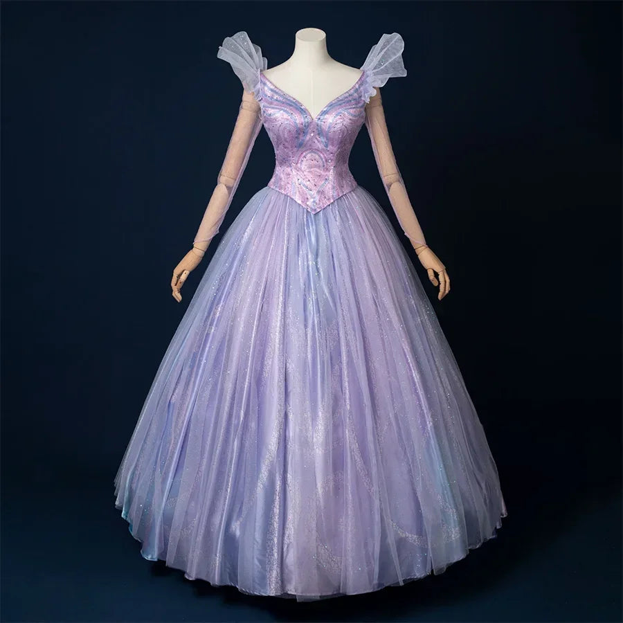 Movie witch gelinda cosplay costume, sparkling blue and purple outfit, front view showing more gorgeous and dreamy. 