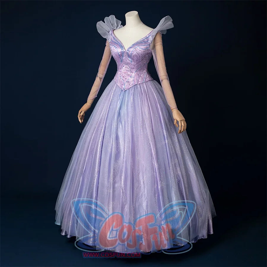 Movie witch gelinda cosplay costume, sparkling blue and purple outfit, right side view showing waist-hugging design. 