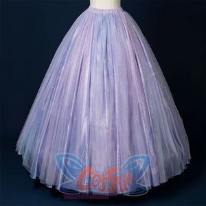 Movie witch gelinda cosplay costume, sparkling blue and purple outfit, skirt showing purple and blue gradient effect.