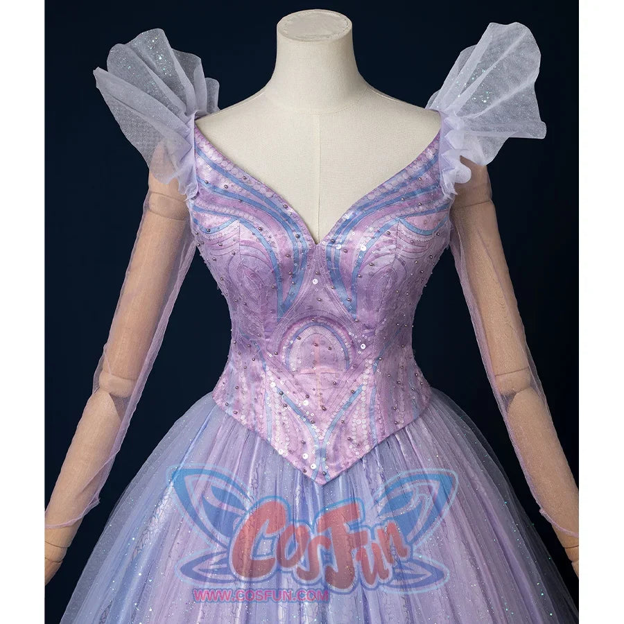 Movie witch gelinda cosplay costume, sparkling blue and purple outfit&#39;s top,  front view highlighting delicate patterns and sparkling sequins.