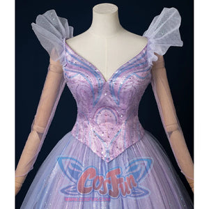 Movie witch gelinda cosplay costume, sparkling blue and purple outfit's top,  front view highlighting delicate patterns and sparkling sequins.