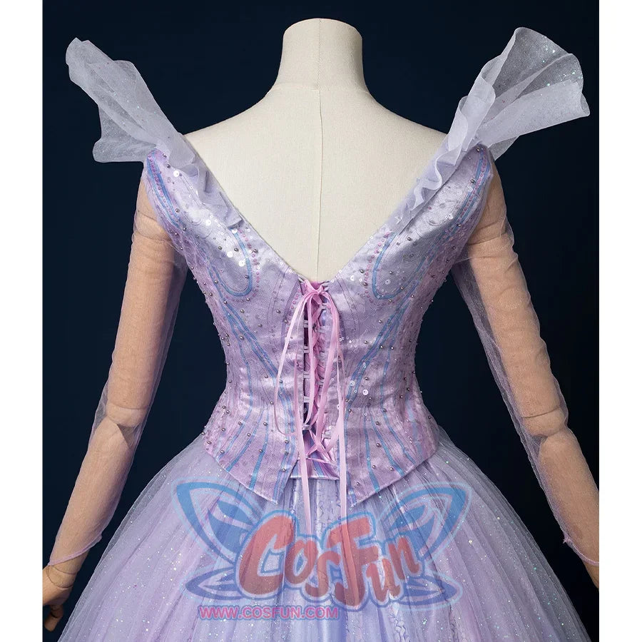 Movie witch gelinda cosplay costume, sparkling blue and purple outfit, back view of the top,highlighting beautiful bow tie design and the tie is pink.