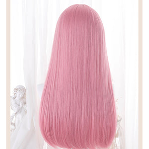 Back view of women pink long straight wig showing smooth silky hair texture and full length - soft girl cosplay wig