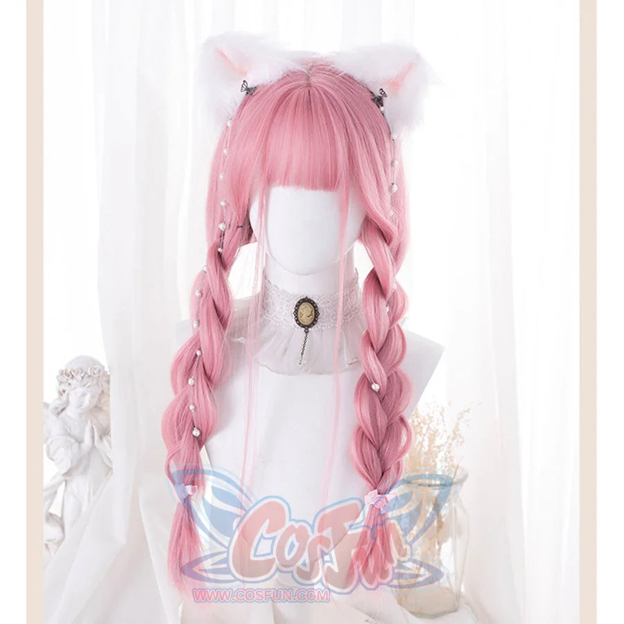 Pink soft girl wig with bangs styled in double braided pigtails with pearl pins and cat ear headband - cosplay anime hair