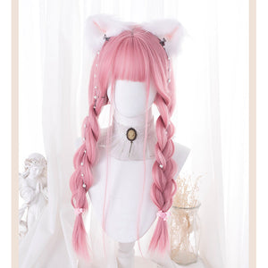 Pink soft girl wig with bangs styled in double braided pigtails with pearl pins and cat ear headband - cosplay anime hair