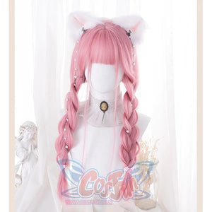 Pink soft girl wig with bangs styled in double braided pigtails with pearl pins and cat ear headband - cosplay anime hair