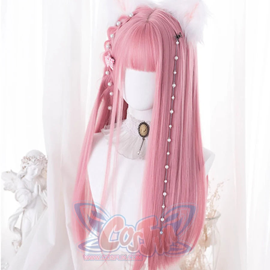 Side view of pink long straight wig with bangs decorated with pearl hair chain and flower accessories - soft girl anime cosplay