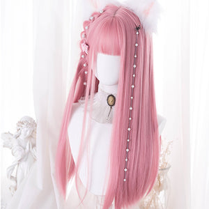Side view of pink long straight wig with bangs decorated with pearl hair chain and flower accessories - soft girl anime cosplay