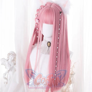 Side view of pink long straight wig with bangs decorated with pearl hair chain and flower accessories - soft girl anime cosplay