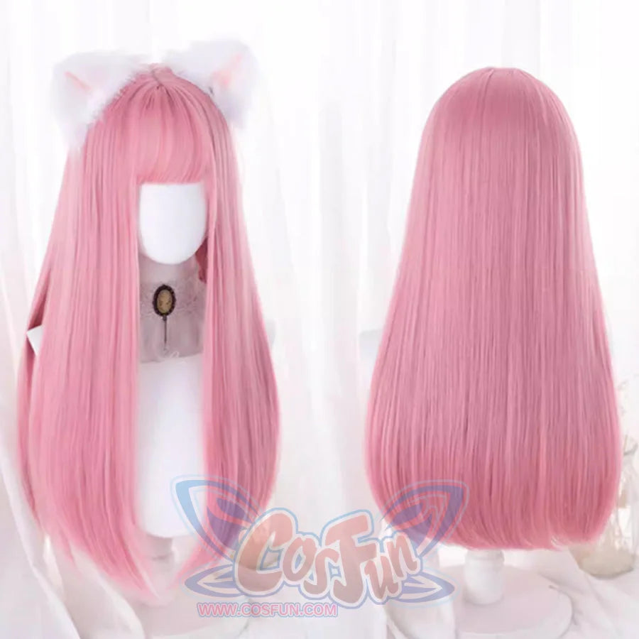 Front and back view comparison of pink long straight wig with bangs on mannequins - women soft girl anime cosplay hair