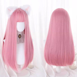 Front and back view comparison of pink long straight wig with bangs on mannequins - women soft girl anime cosplay hair