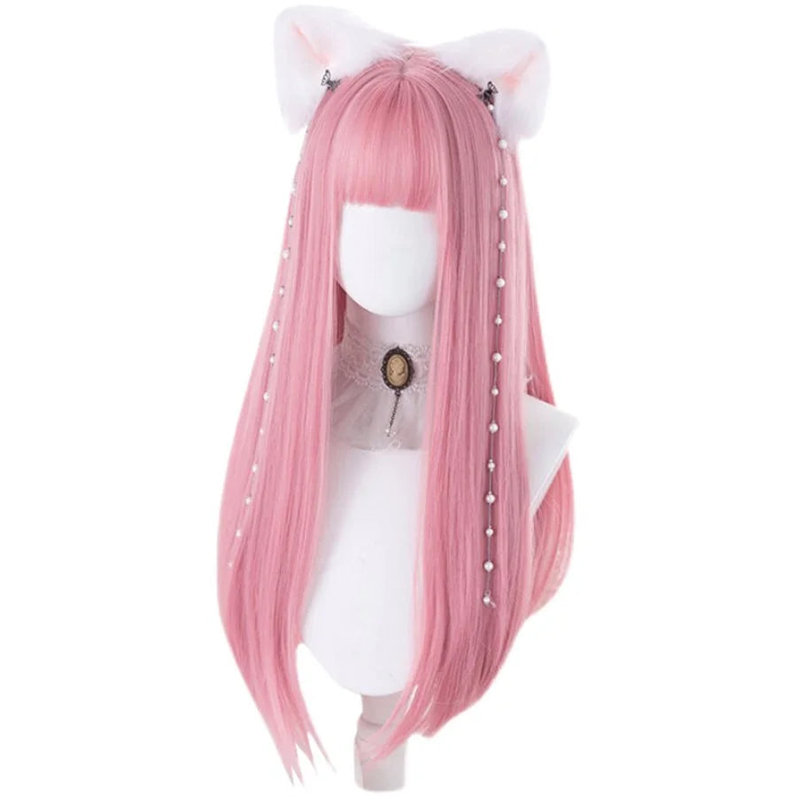 Women soft girl pink long straight wig with bangs and cat ear accessory on mannequin - anime cosplay hair