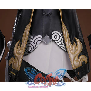 Wuthering Waves Buling Cosplay Costume has a golden cloud-like decoration on the hem, the hem is split, revealing the white inner and skirt.