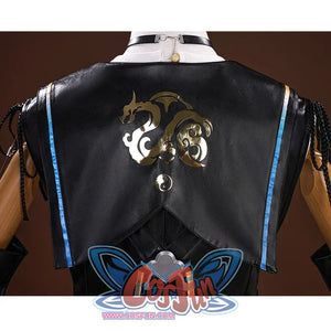 Wuthering Waves Buling Cosplay Costume's back collar has special shape with a unique golden pattern, and there are blue lines on both side.