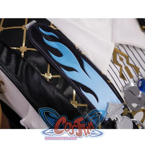 The collar of the coat feature interwoven gold reflective lines and blue gradient flame patterns.