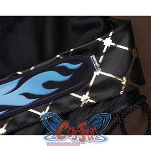 The collar of the coat feature interwoven gold reflective lines and blue gradient flame patterns.