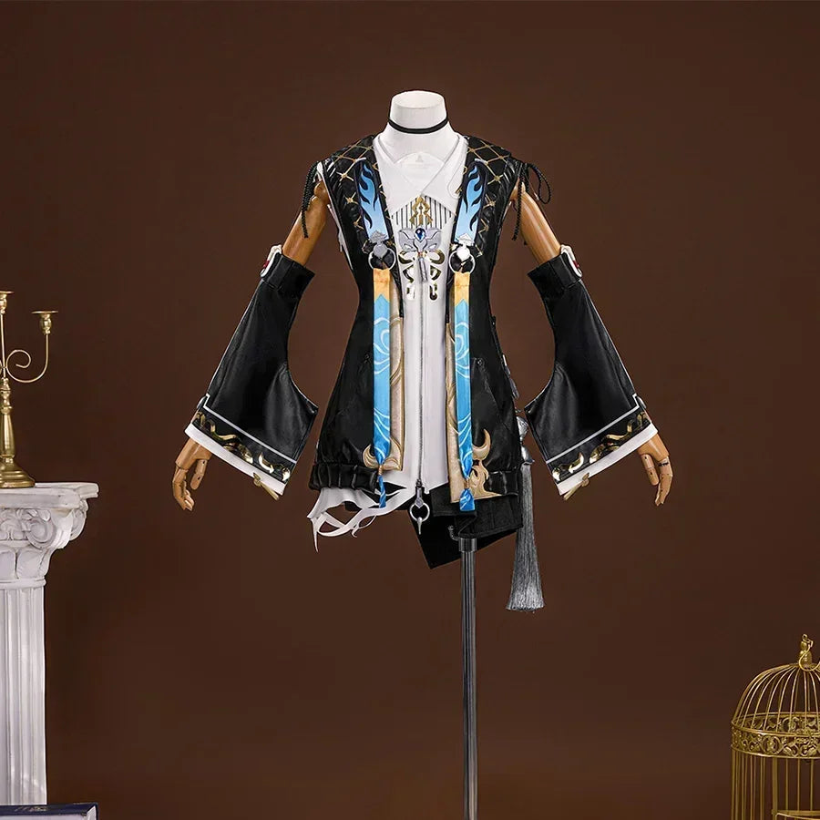 The jacket of Buling is black, with narrow sleeves at the top and wide sleeves at the bottom, The cuffs and collar of the jacket have delicate patterns and decorations, it is paired with a white lining, the details of the clothing include ribbons, tassels and pendants.