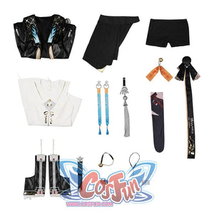 Wuthering Waves Buling Cosplay Costume ornaments includes Inner garment, coat, side skirt, shorts, sleeves, hanging ribbons, front elephant ornament, side waist ornament, hair ornaments, back ribbon assembly, sock, shoe bell, collar, tattoo, ring.
