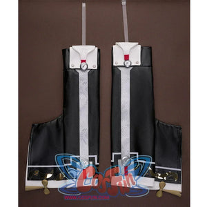  The sleeves is narrow at the top and wide at the bottom, and sleeves are primarily black and white with red and gold accents. 