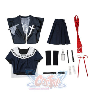 Wuthering Waves Chisaki Cosplay Costume, includes Jacket, sailor uniform, calf socks, right leg strap, belt, choker, sailor scarf, headpiece, tattoo Sticker.