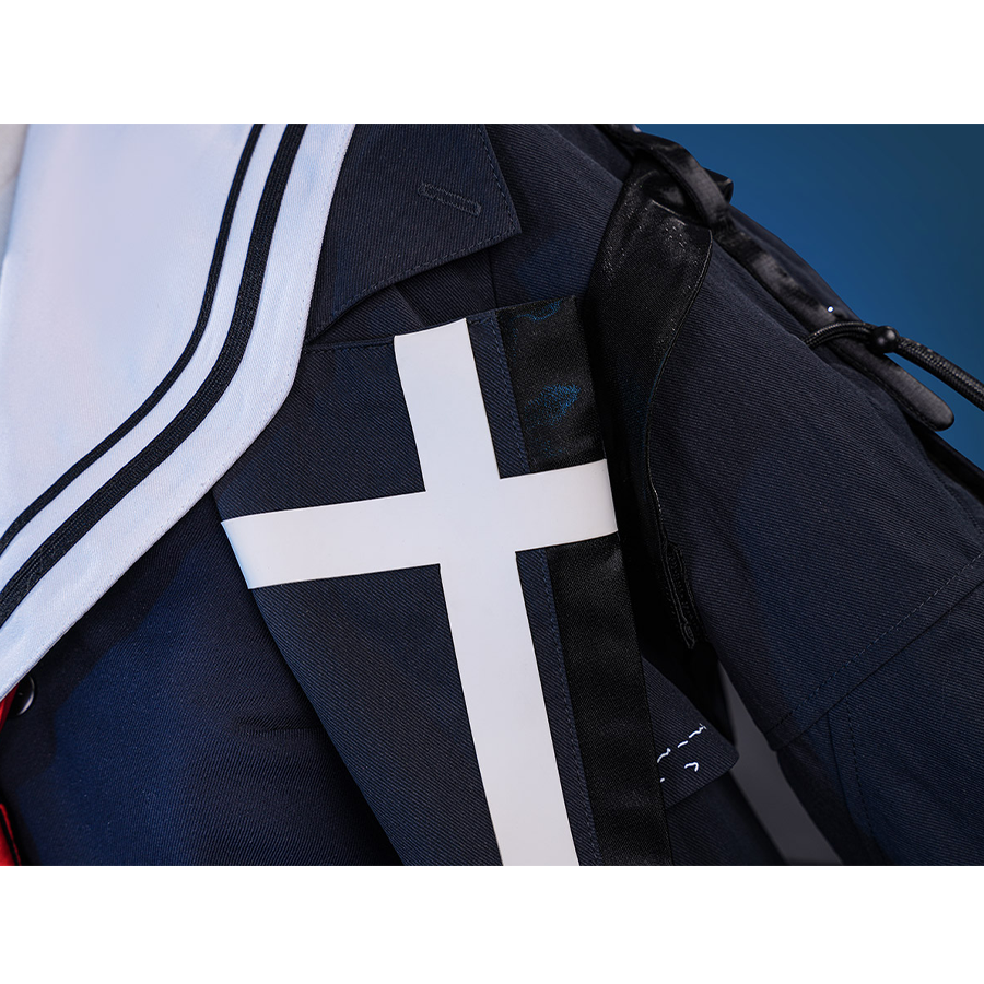 Wuthering Waves Chisaki Cosplay Costume, a white cross pattern on the right lapel of the coat.