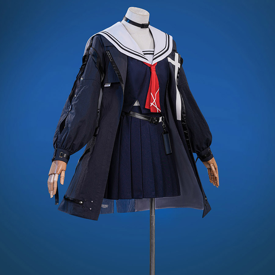 Wuthering Waves Chisaki Cosplay Costume, black jacket and navy sailor uniform with red sailor scarf.