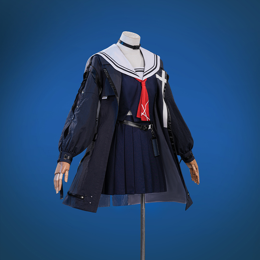 Wuthering Waves Chisaki Cosplay Costume, black jacket and navy sailor uniform with red sailor scarf.