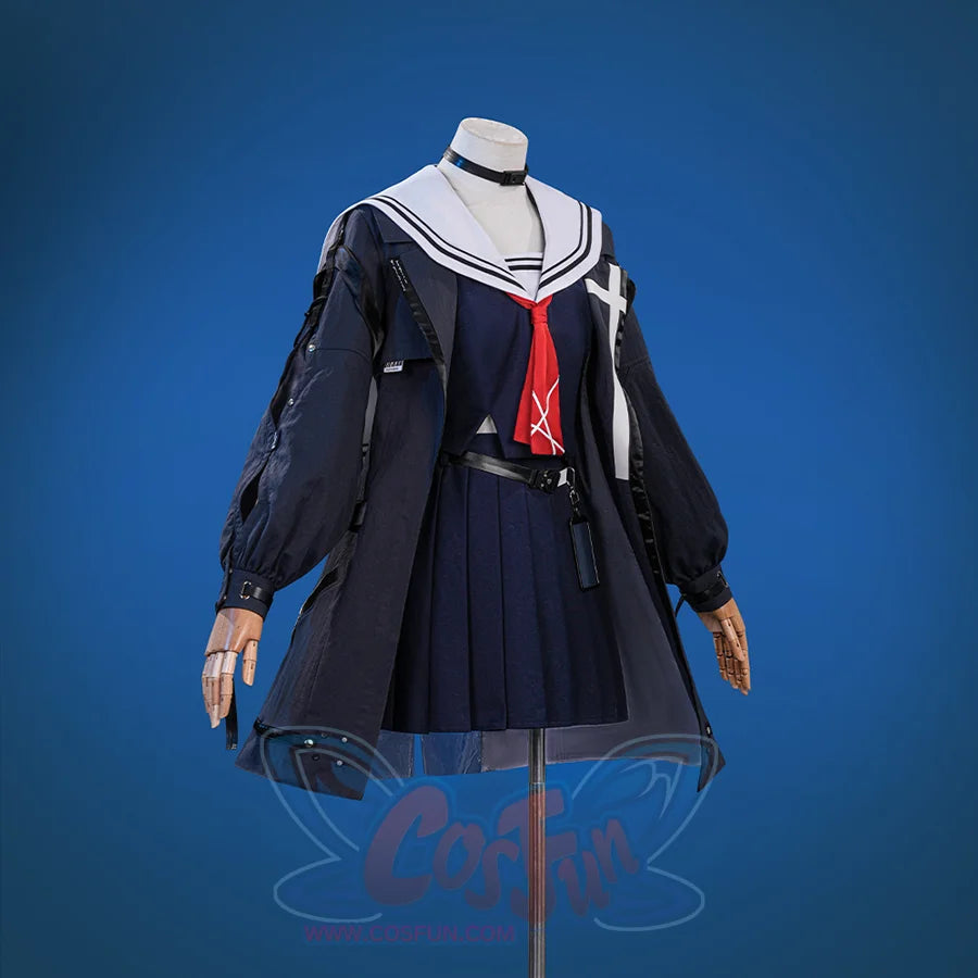 Wuthering Waves Chisaki Cosplay Costume, black jacket and navy sailor uniform with red sailor scarf.