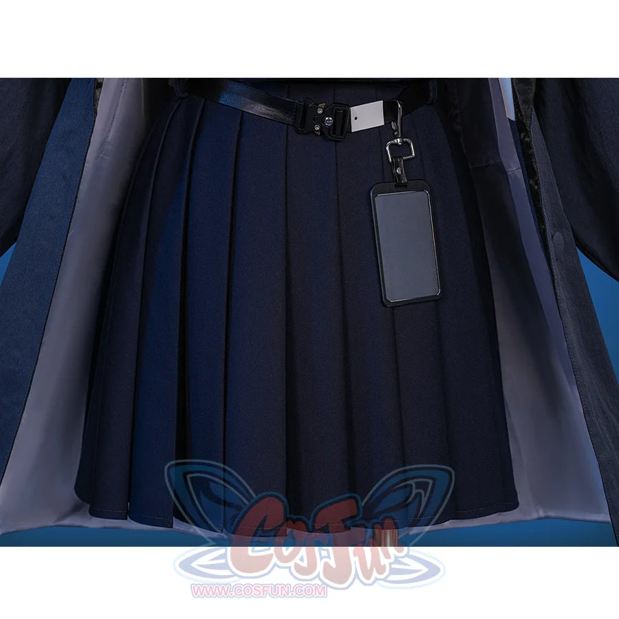 Wuthering Waves Chisaki Cosplay Costume, navy skirt with black PU leather belt.