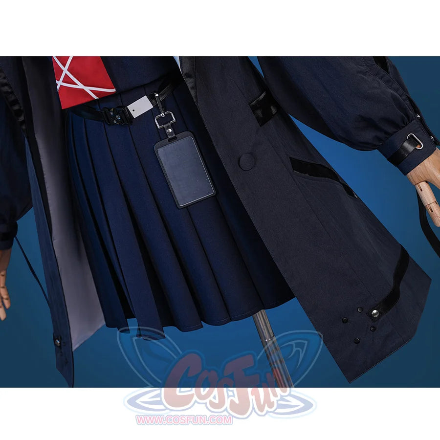 Wuthering Waves Chisaki Cosplay Costume, navy skirt with black PU leather belt, side view.