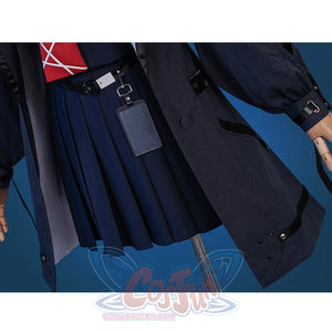Wuthering Waves Chisaki Cosplay Costume, navy skirt with black PU leather belt, side view.
