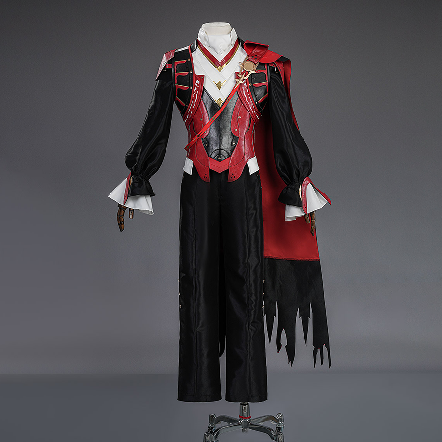 Full Cristoforo cosplay costume with red and black outfit, dramatic cape, white collar and cuffs, elegant gaming character attire