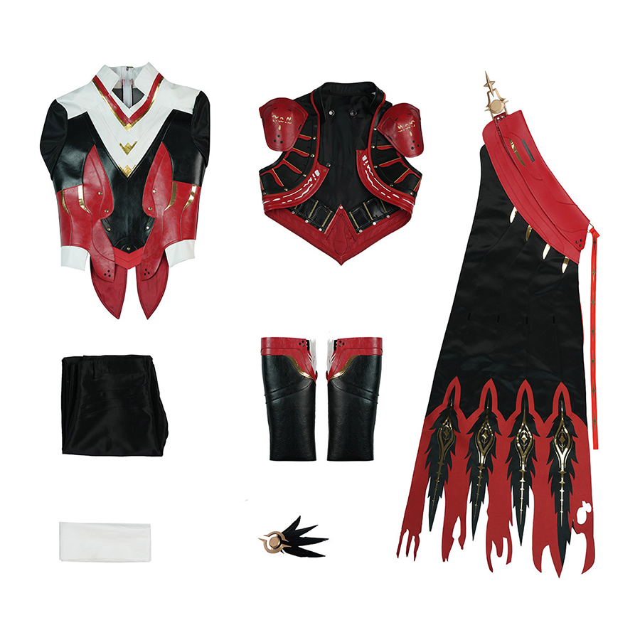 Cristoforo cosplay costume all set complete pieces layout vest pants cloak mask cap, full package display flat lay view